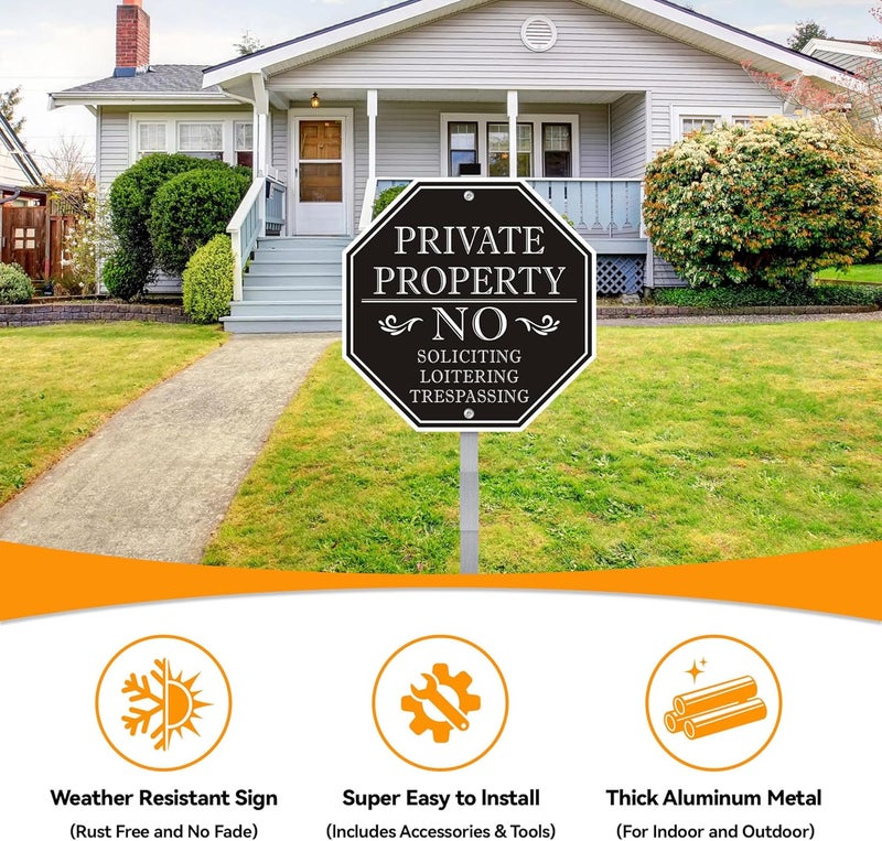 MongFun No Trespassing Signs Private Property, No Soliciting Sign for House, 10 x 10 Inches No Loitering Aluminum Metal Signs with 28 Inches Long Stakes for Outdoor Yard (Black/White) - Image 2